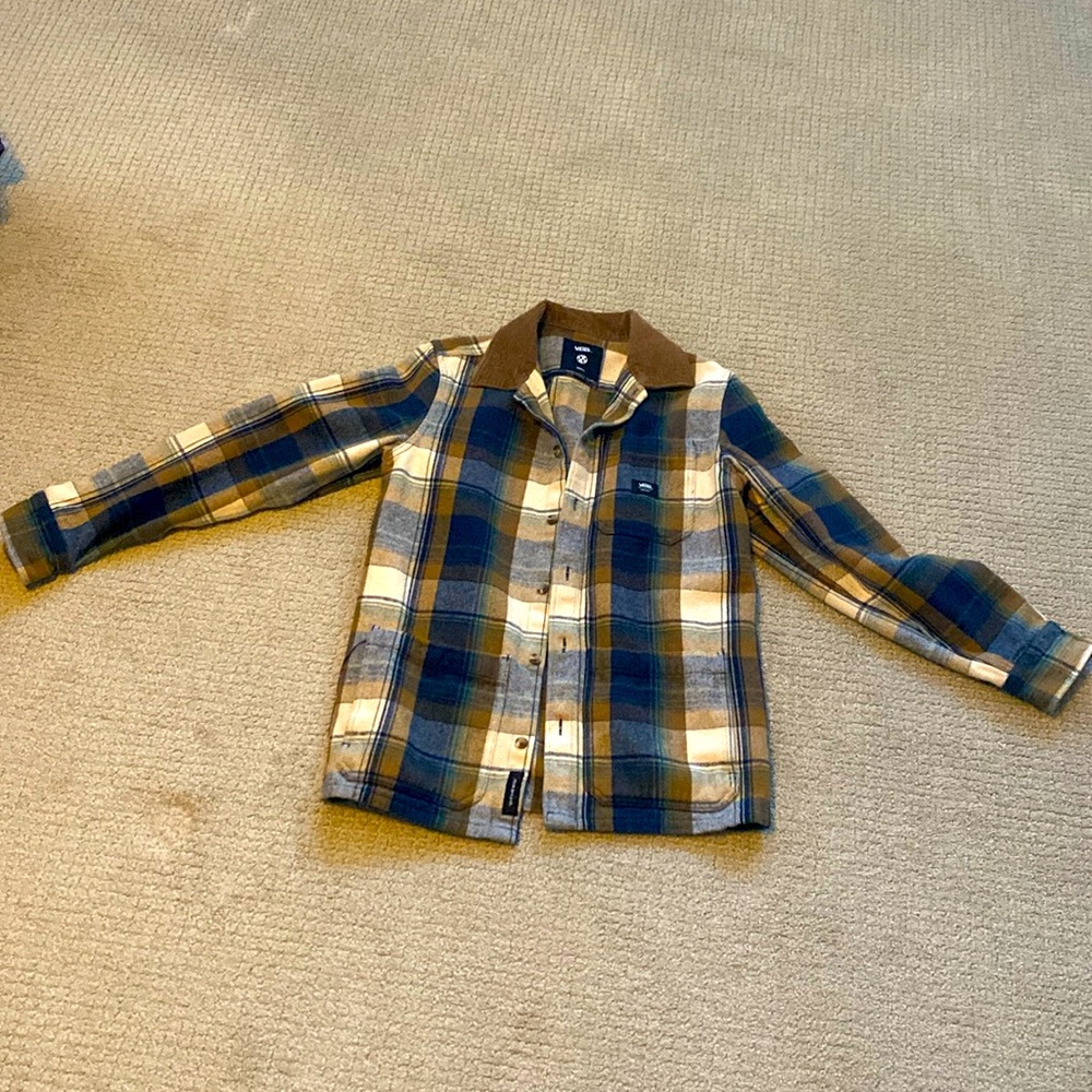 Vans Men's Casual Plaid Shirt - Blue, Brown, and Cream